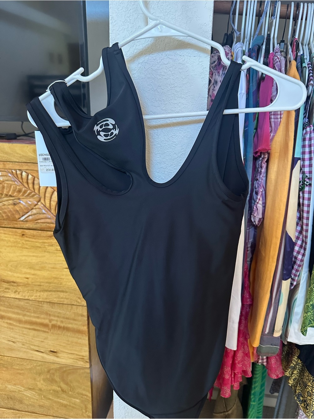 Black Performance Scoop Neck Bodysuit with Subtle Logo